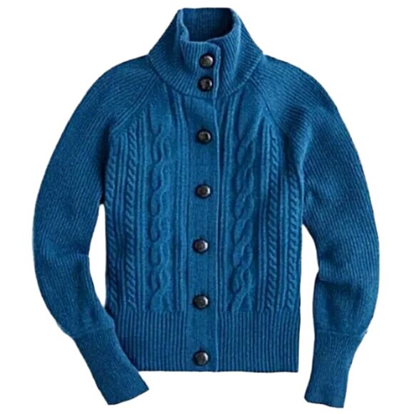 J.Crew Lambswool Cable Knit Teal Blue Button Cardigan Sweater M Cozy Fall Layer - Picture 1 of 8